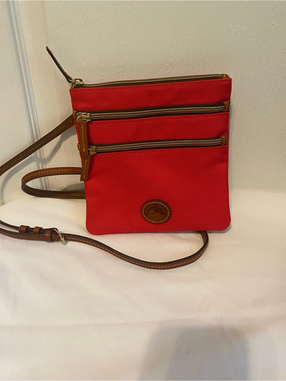 Dooney & Bourke Red Triple-Zip Crossbody with Brown Leather Trim